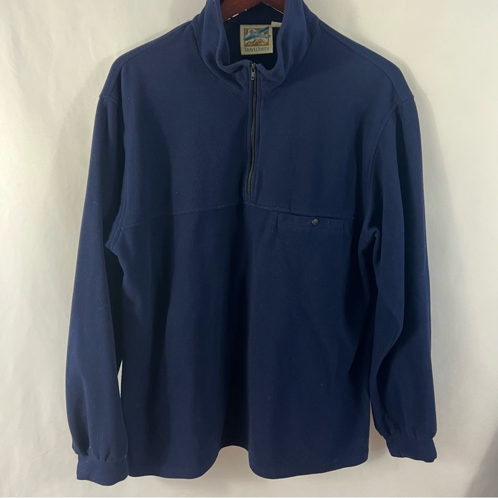 TravelSmith Fleece Pullover Mens L Large Thin Knit Quarter 1/4 Zip Navy Blue USA